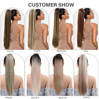 28 Inches Ponytail Blond 30/27B Hair Extensions With Clips Brown 4/10/16 Nature Color Straight Heat Resistant Synthetic Hair
