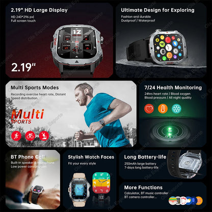 New 2.19'' AMOLED Screen BT Call Smartwatch Heart Rate Monitor IP68 5ATM Outdoor Sports Fitness Tracker Military Smart Watch Men