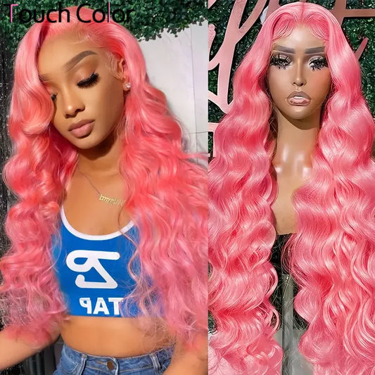 Pink Body Wave 13x4 13x6 HD Transparent Lace Frontal Wigs 30 40 Inch Lace Front Wig Color Human Hair Wigs Pre Plucked For Women