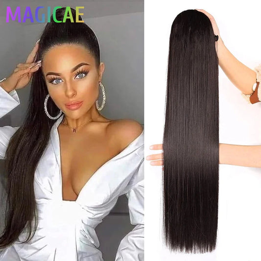 28Inches 180g Ponytail Blond Piano Highlight P4/30 Hair Extensions With Clip Brown Nature Straight Heat Resistant Synthetic Hair