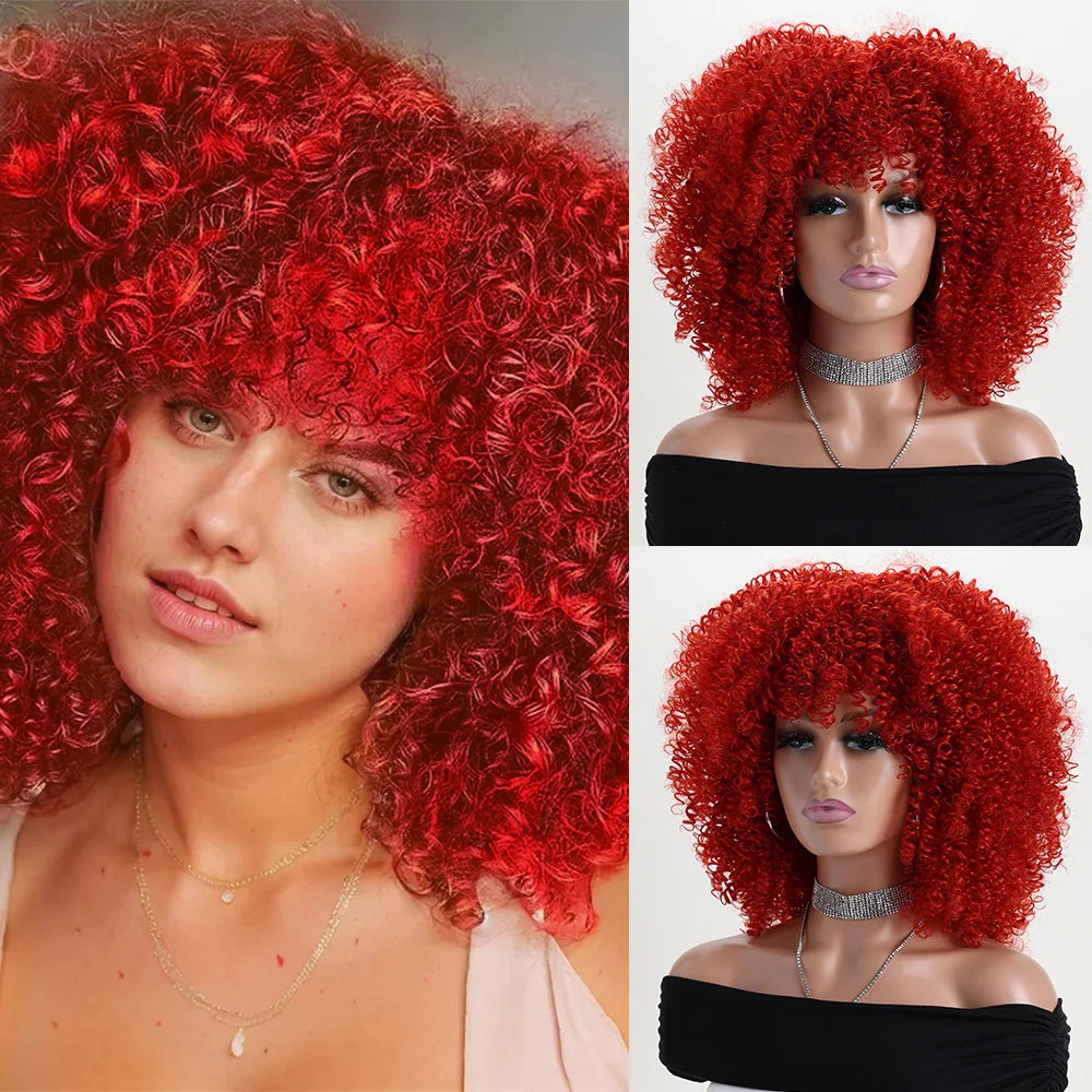 16 Inch Afro Kinky Curly Synthetic Hair Gradient Purple Wigs With Bangs Soft Fluffy Fiber  Wigs For Party Cosplay Daily Use