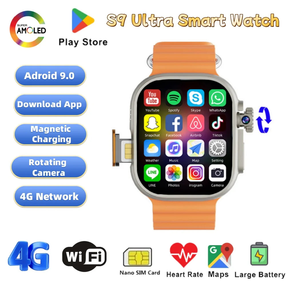New Ultra Smart Watch 4G SIM Card 2.06''AMOLED Screen GPS WIFI 190°Rotating Camera Video Call Google Play Android Smartwatch