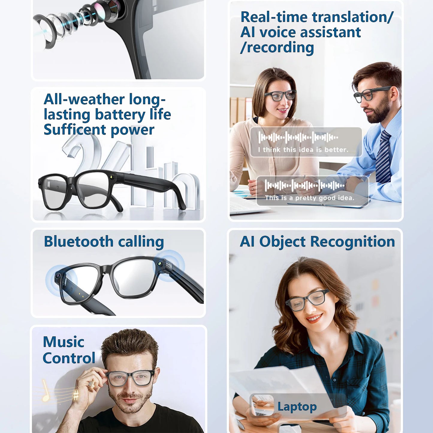 AI Smart Glasses Bluetooth Call Translator 800W Camera Sunglass Lenses Audio Built-in Mic Speakers  Voice Assistant Control