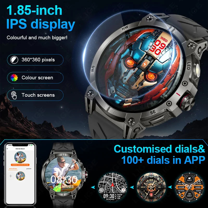 LIGE 760mAh Large Battery Outdoor Smart Watch Men 1.85 inch HD Screen GPS Compass Bluetooth Call IP68 Waterproof Smartwatch 2025