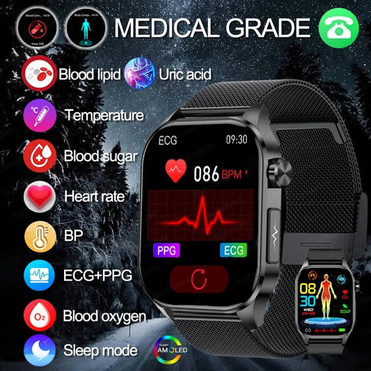 New Blood Glucose Health Smartwatch Men ECG+PPG Blood Pressure Lipids Uric Acid Sport Bluetooth Call IP67 Waterproof Smart Watch