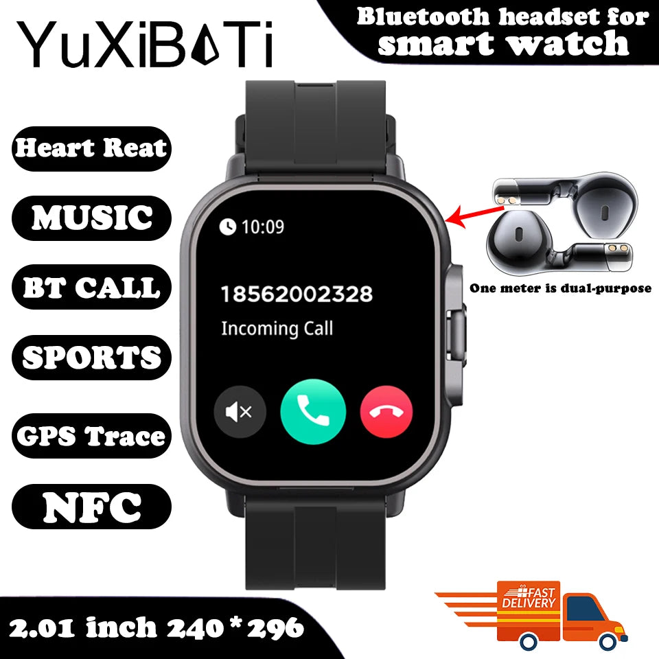 2025 Smart Watch 2 in 1 With Earphone Smartwatch Bluetooth Call NFC Men Watch GPS Track Heart Rate Monitor Play Music SmartWatch