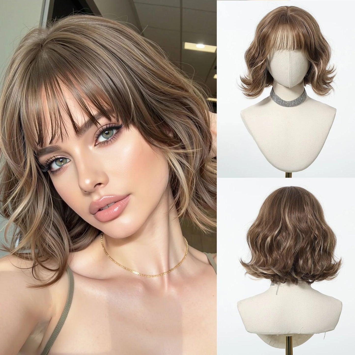 12 Inch Brown Bob Natural Wig Synthetic Cute Hair Short Wavy Curly Wig With Bangs For Women Daily Party Use Heat Resistant Fiber