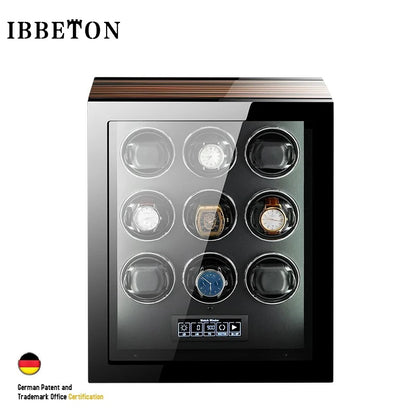IBBETON High Quality Watch Winder for 2 4 6 9 Slot Automatic Watches with Mabuchi Motor LCD Touch Screen Wooden Watch Safe Box