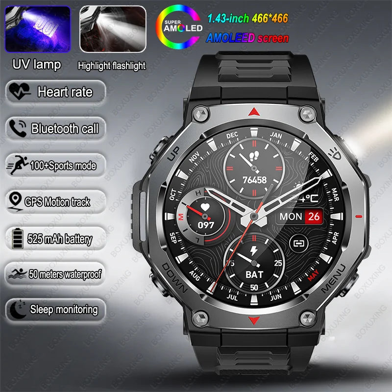 New Military Outdoor Sports Smart Watch Men GPS Motion Track 5 ATM Waterproof Heart Rate HD Bluetooth Call Smartwatch For Xiaomi