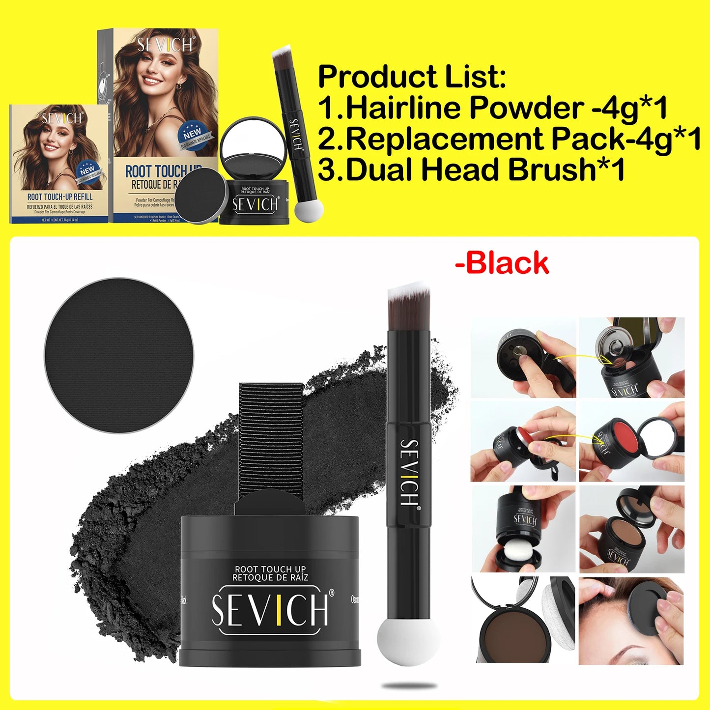 SEVICH Replaceable Hairline Powder Kit Refill Hairline Shadow Powder Root Cover Up Hair Concealer Double Ended Makeup Brush