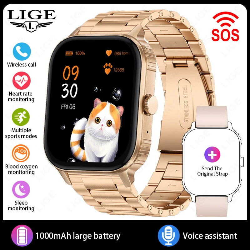 LIGE Women Smart Watch Bluetooth Call Heart Rate Sleep Monitor AI Voice Alarm Clock Music Control IP68 Waterproof Smartwatch Men