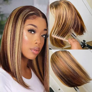 P4/27 Straight Short Bob Wig Human Hair Highlight Blonde Lace Front Wigs 13x4 HD Transparent Lace Frontal Wig For Black Women