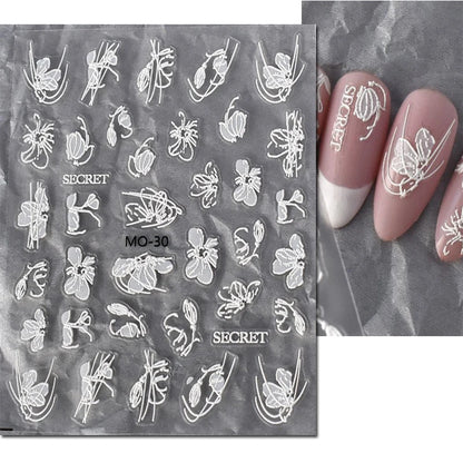 5d Embossed Nail Art Stickers Golden Lines Semi-Transparent Purple Blue Flowers Decals Decorations For Nail Tips Manicures