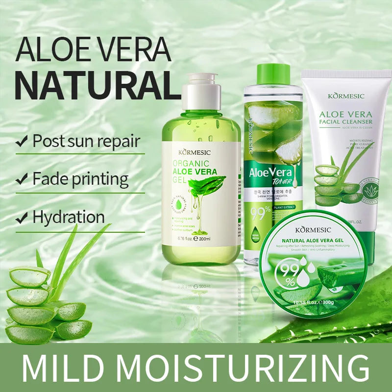 KORMESIC 4pcs Women's Care Kit Natural Organic Aloe Vera Gel Series Facial Care Cleansing Moisturizing Skincare