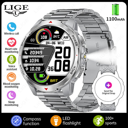 LIGE New 1100mAh Large Capacity Battery Smart Watch Men Sports LED Flashlight Compass 3ATM Waterproof Bluetooth Call Smartwatch