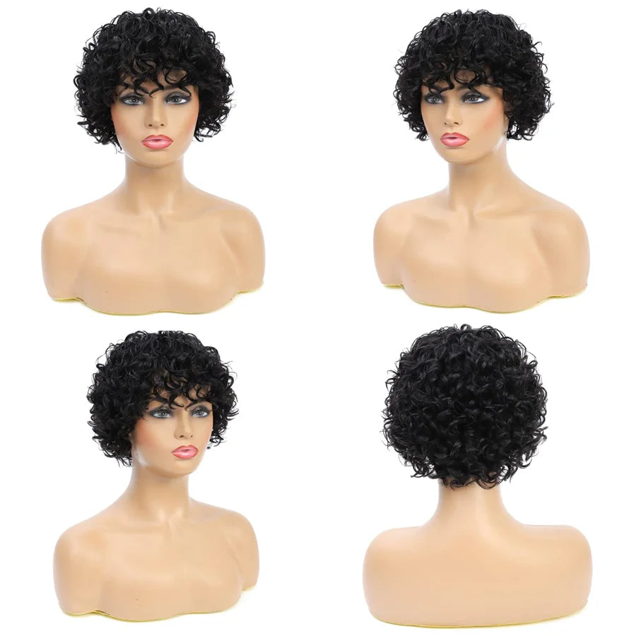 8 Inch Short Pixie Curly Bob Wig with Bangs Brazilian Human Hair Bouncy Curl Wig for Women Ready to Go Wig