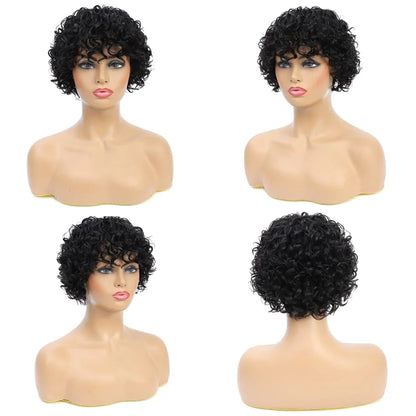 8 Inch Short Pixie Curly Bob Wig with Bangs Brazilian Human Hair Bouncy Curl Wig for Women Ready to Go Wig