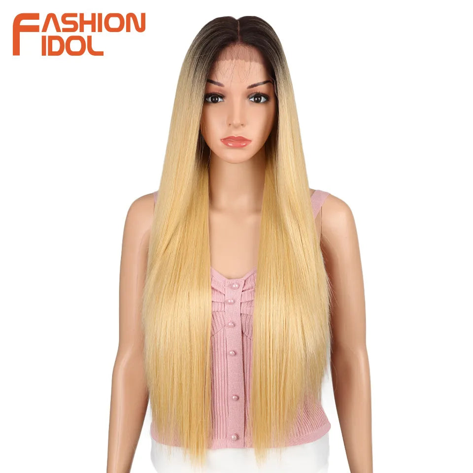 FASHION IDOL 13X4 Lace Front Wig For Women 32 Inch Heat Resistant Fiber Straight Wigs Blonde Natural Synthetic Wigs Cosplay Hair