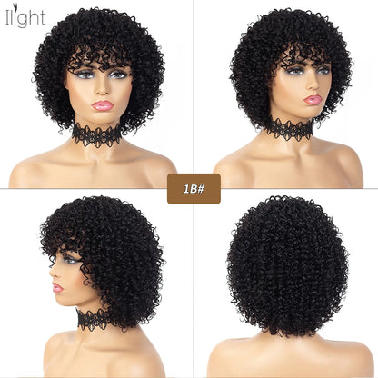 8 Inch Short Pixie Curly Bob Wig with Bangs Brazilian Human Hair Bouncy Curl Wig for Women Ready to Go Wig