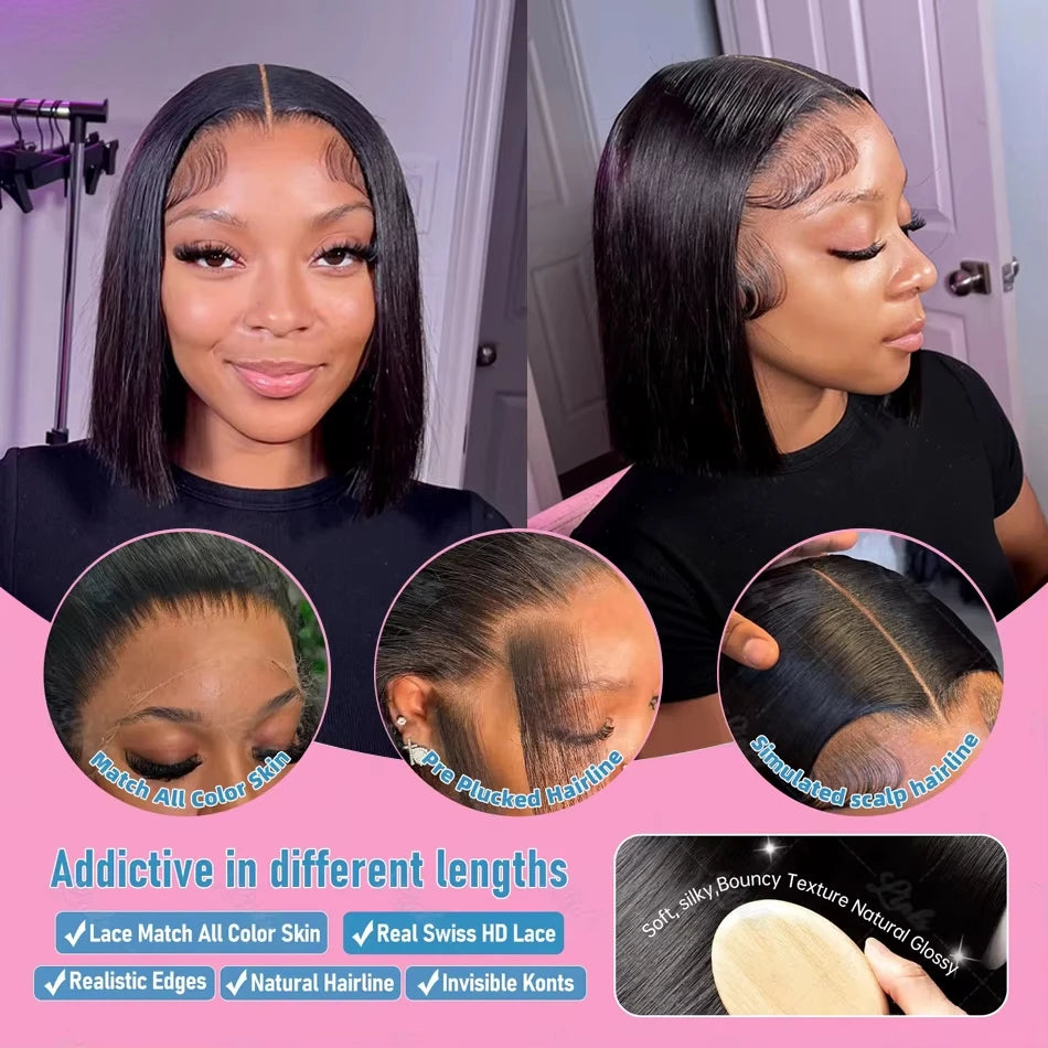 14 16 Inch 13x4 HD Transparent Bone Straight Lace Frontal Human Hair Short Bob Wig Pre Plucked 4x4 5x5 Lace Closure Wigs 250%