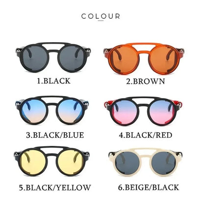 Steampunk Shields Sunglasses Men Women Classic SunGlasses With Side Leather Round Eyewear Pink UV400 Lens