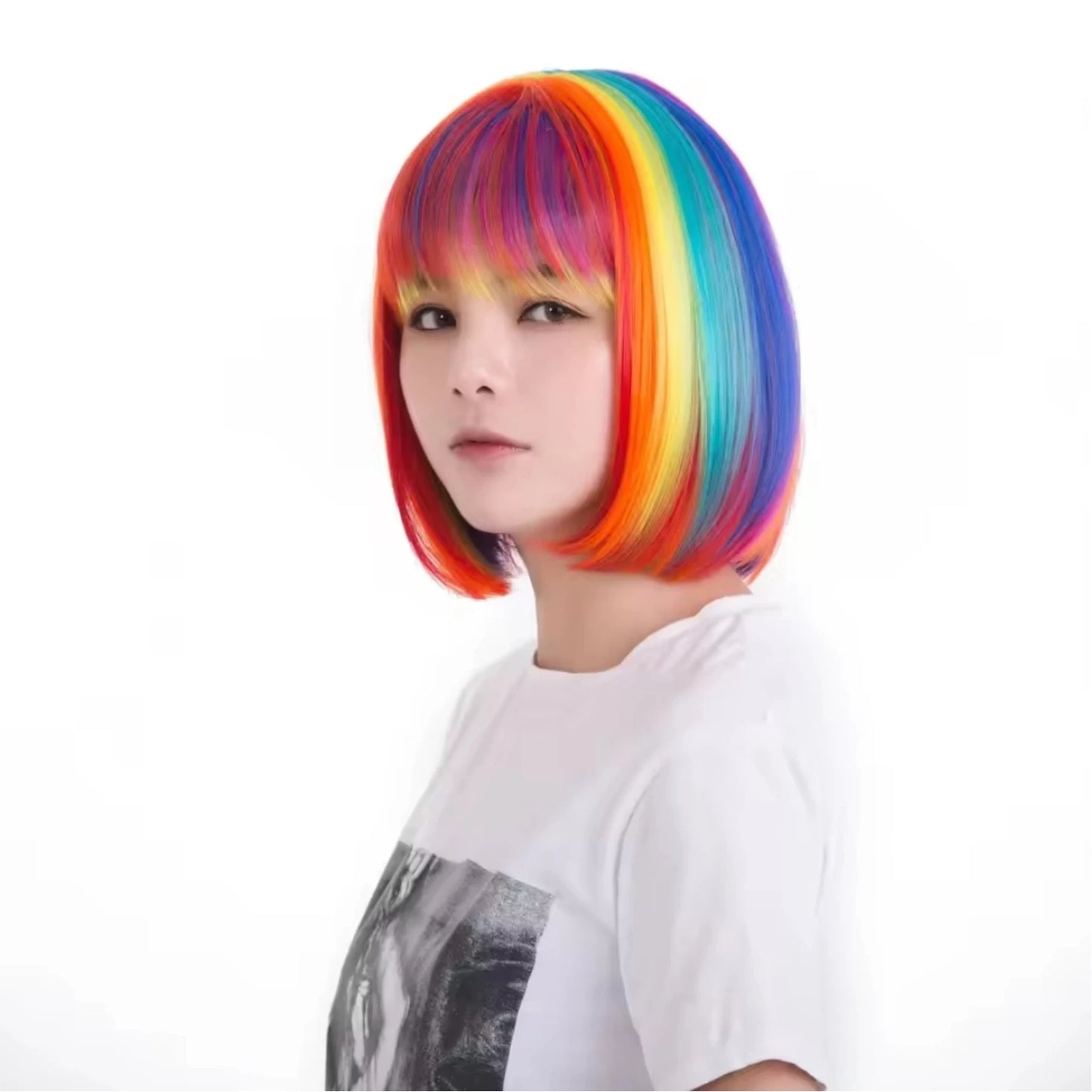 Colorful Bob Hairstyle Wig Suit Airy Bangs Rainbow Halloween Cosplay Short Hair  Synthetic Wig Halloween, Christmas costumes