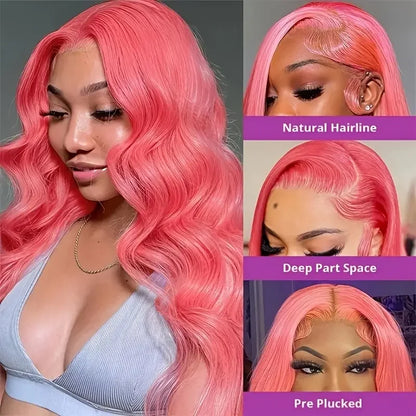 Pink Body Wave 13x4 13x6 HD Transparent Lace Frontal Wigs 30 40 Inch Lace Front Wig Color Human Hair Wigs Pre Plucked For Women