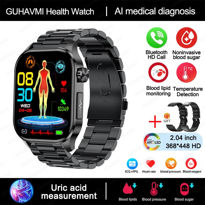 New Blood Glucose Health Smartwatch Men ECG+PPG Blood Pressure Lipids Uric Acid Sport Bluetooth Call IP67 Waterproof Smart Watch
