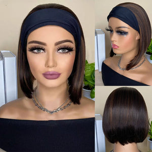 10 inch short headband bob wig, short straight hair high temperature resistant fashion turban synthetic wig brown mix black