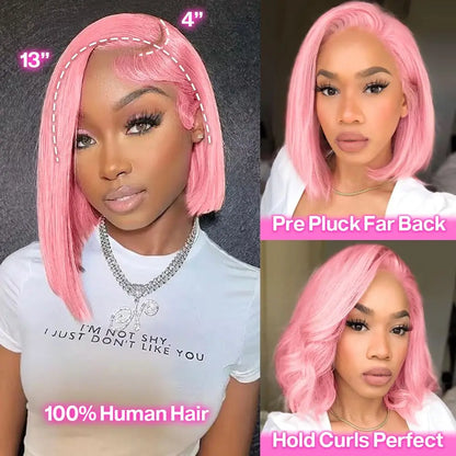 Pink Short Bob Wig Human Hair HD Lace Front Wigs Straight Ombre Honey Blonde Red Pink Silver 13X4 Cut Lace Frontal Wig