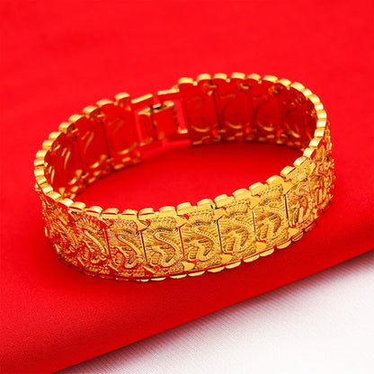 Men's 24K Gold (AU999) Double-Sided Dragon Bracelet | Double-sided carving, hammered brocade with titanium