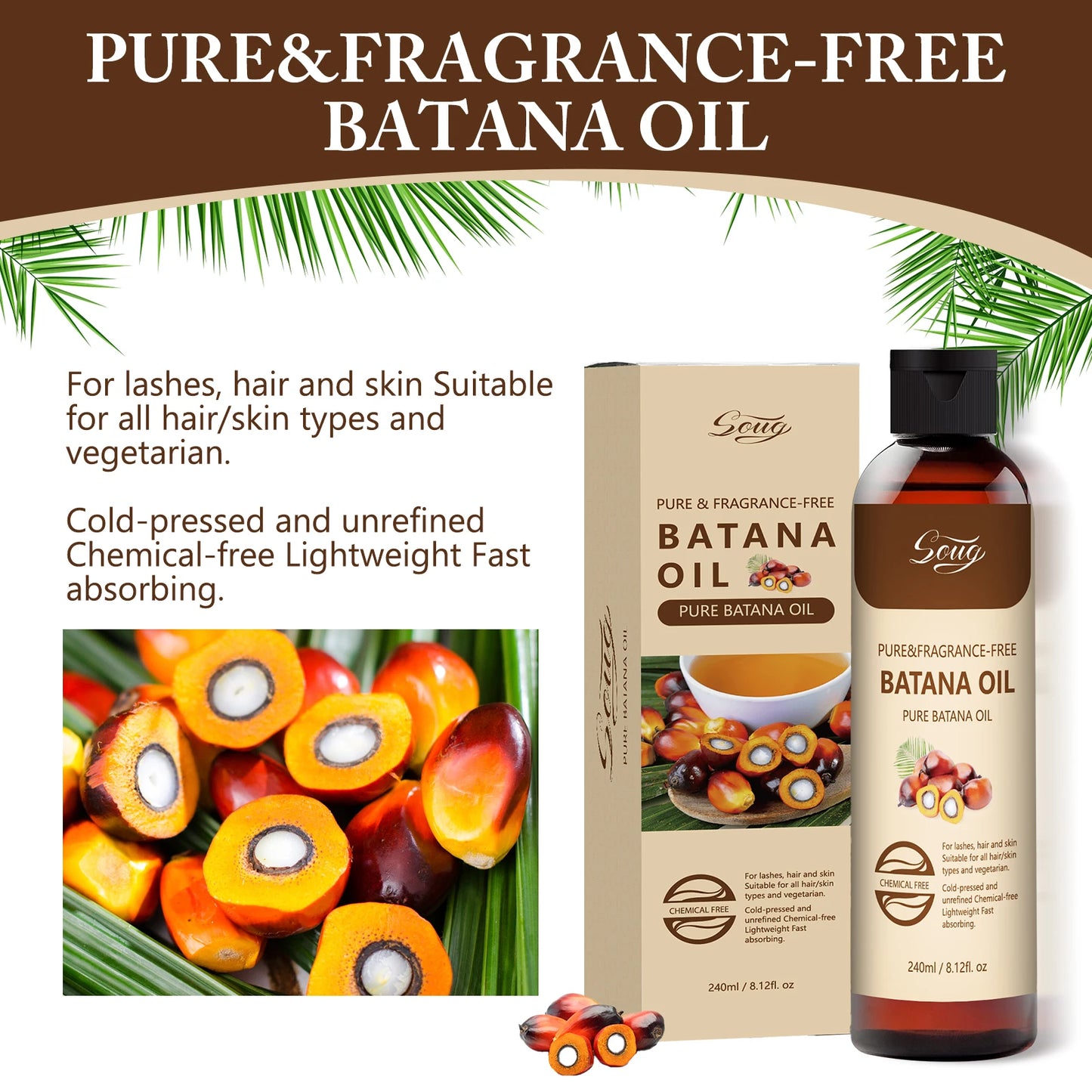 Pure Natural Batana Oil for Hair Growth, Eyelashes & Skin Care - 240ml Cold-Pressed Treatment for Dry Hair Repair