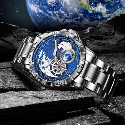 GLENAW 2025 New Earth Series Mechanical Watch Men Rotating Earth Dial Night Light Waterproof Top Luxury Design Mechanical Watch