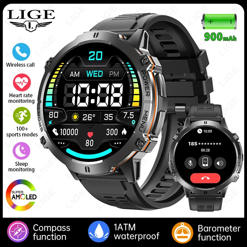 LIGE 2025 GPS Smart Watch Men Bluetooth Call 1ATM Waterproof Smartwatch Compass 1.73'' HD AMOLED 900mAh Fitness Sport Smartwatch
