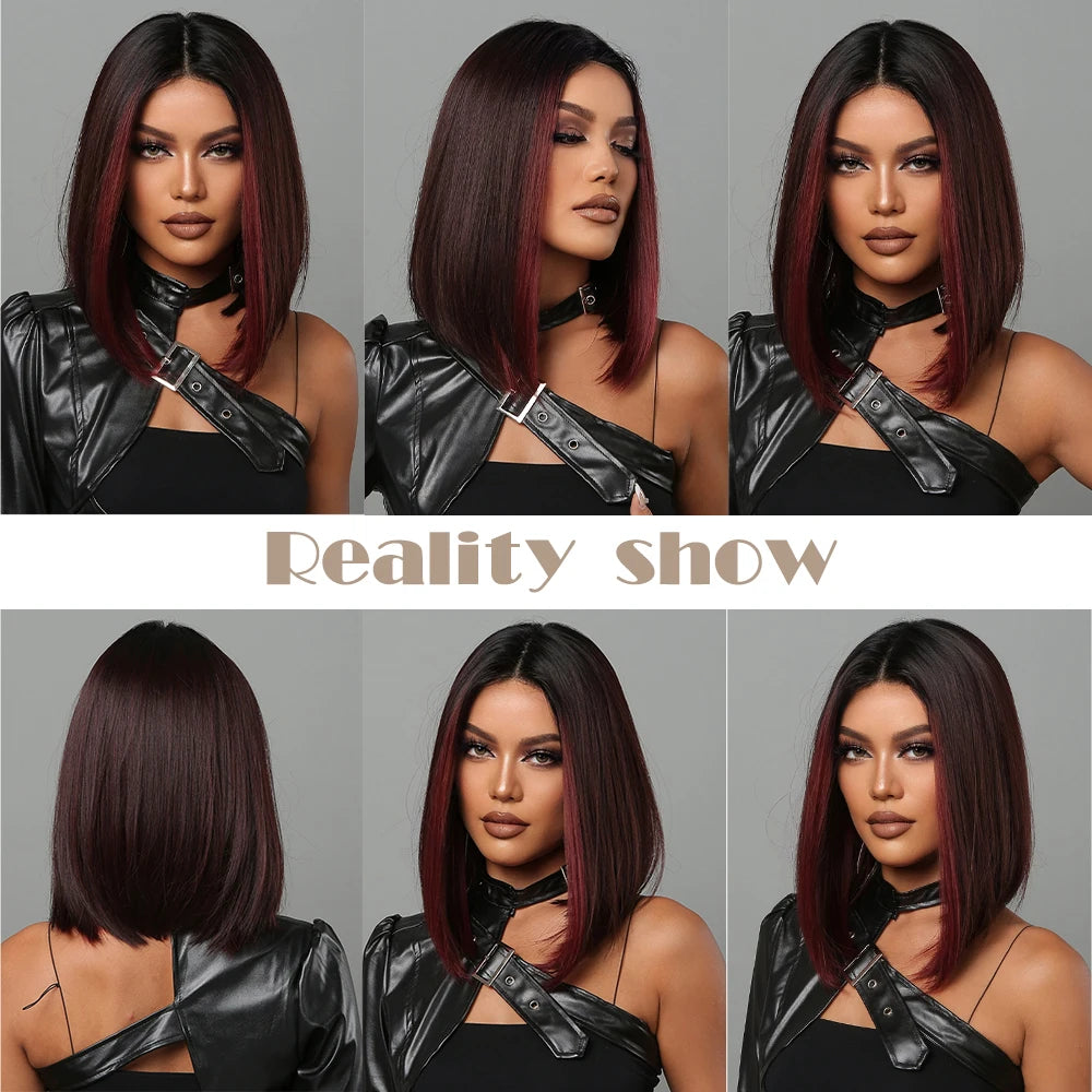 Medium Length Chestnut Brown Synthetic Wigs Middle Part Wine Red Highlights Straight Wig Heat Resistant for Women Party Cosplay