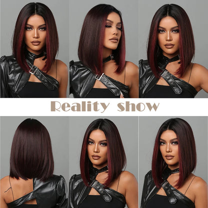 Medium Length Chestnut Brown Synthetic Wigs Middle Part Wine Red Highlights Straight Wig Heat Resistant for Women Party Cosplay