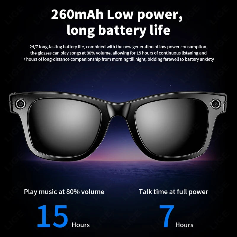 LIGE Smart Glasses with Camera Bluetooth Call Music Touch Sunglasses AI Voice Assistant Video Sound Record Anti-Blue UV Glasses
