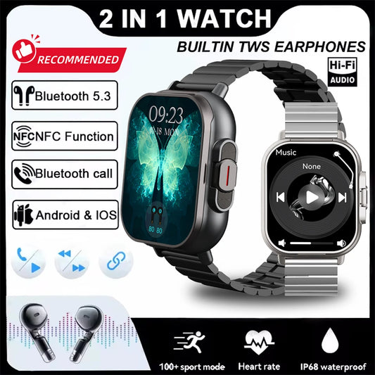 2025 Smart Watch 2 in 1 With Earphone Smartwatch Bluetooth Call NFC Men Watch GPS Track Heart Rate Monitor Play Music SmartWatch