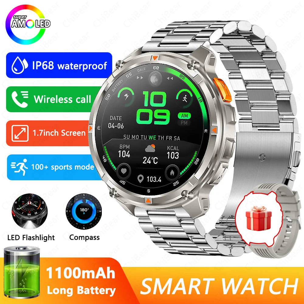 1100mAh Battery Smart Watch 1.7 Inch 360*360 AMOLED HD Screen Men Watch Compass 1ATM Waterproof Bluetooth Call Sports Smartwatch