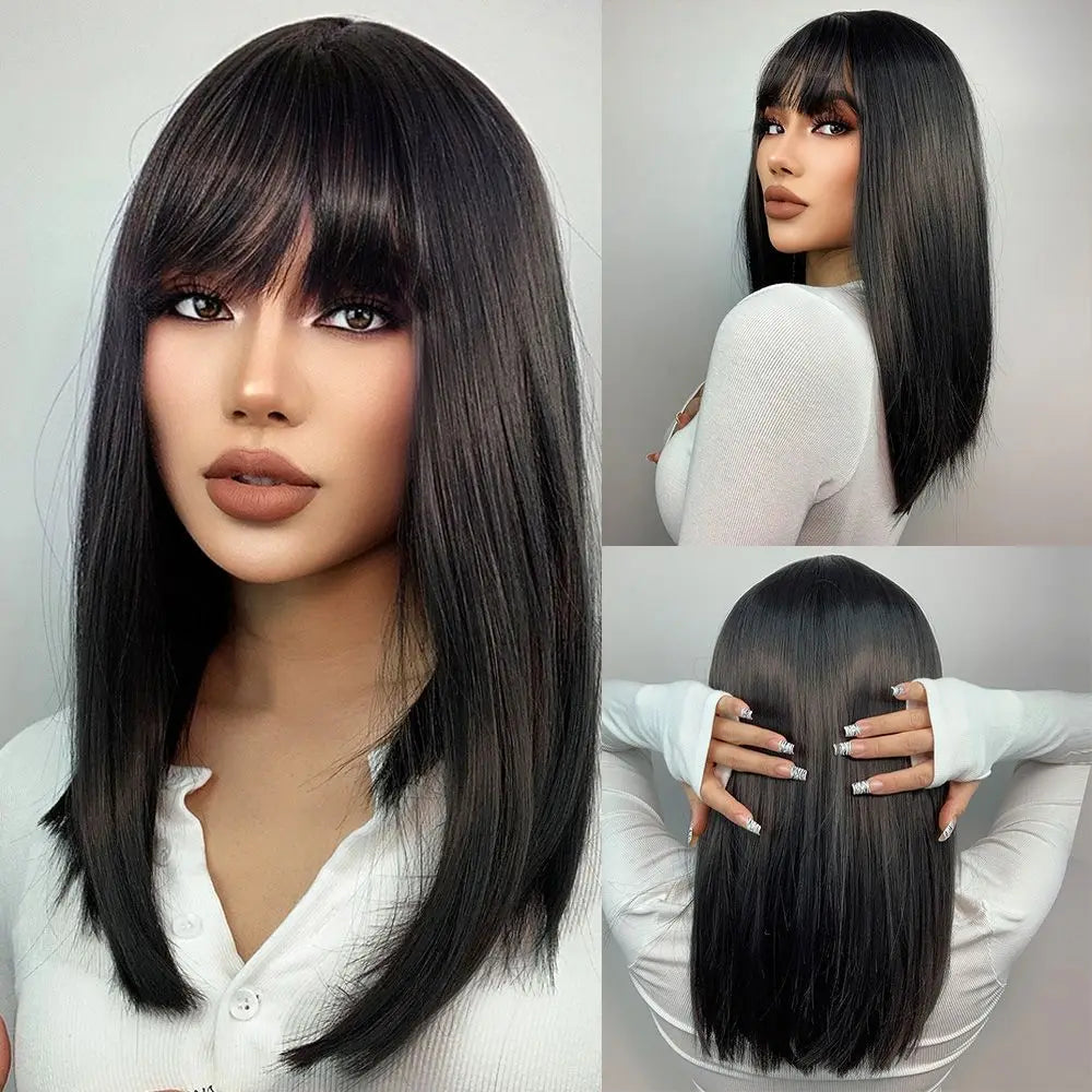 Medium Length Straight Wigs Gray Layered Synthetic Wigs With Bangs For Women Party Cosplay Natural Heat Resistant Fake Hair