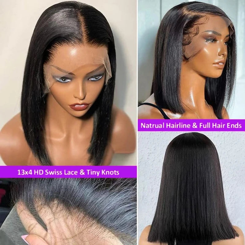 200 Density Straight 13X4 Lace Frontal Bob Wigs 100% Human Hair for Women Brazilian Remy Hair Pre Plucked Virgin Hair #1B 16inch