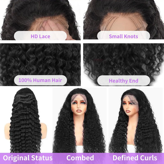 Deep Curly 13x6 HD Transparent Lace Front Human Hair Wigs 34inch PrePlucked Brazilian Deep Wave 13x4 Lace Frontal Wig For Women