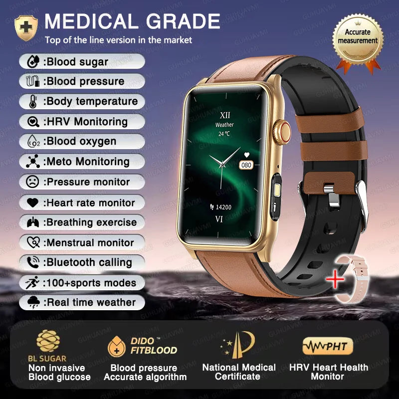 2025 New AI Medical Diagnosis Blood sugar Blood pressure Blood oxygen Smart Watch For Men Bluetooth Call LED Health Smart watch