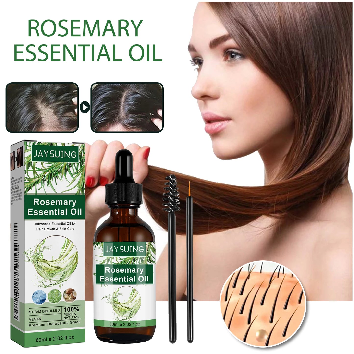 Rosemary Essential Oil 60ml Hair Growth Serum Scalp Treatment Skin Care Anti Aging Vitamin E Enriched for Thicker Hair Glowing