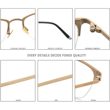 FONEX Pure Titanium Glasses Frame Men Vintage Square Eyewear Women Ultralight Semi-Rimless Half-Rim Japanese Eyeglasses 8502