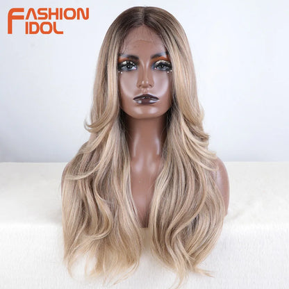 FASHION IDOL 24 inch Lace Front Wigs For Women Synthetic Wigs With Baby Hair Wigs Ombre Brown Blonde Straight Lace Wigs Cosplay