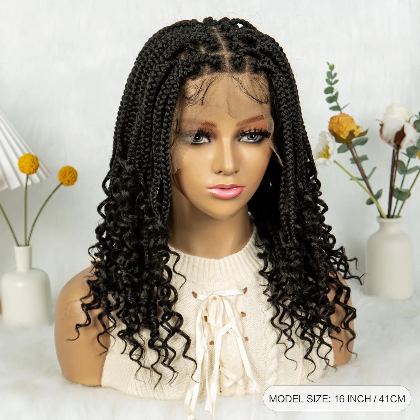 Knotless Box Braided Wigs with Curly Ends Synthetic Full Lace Boho Braided Lace Wigs Lace Frontal Braids Wig for Black Women