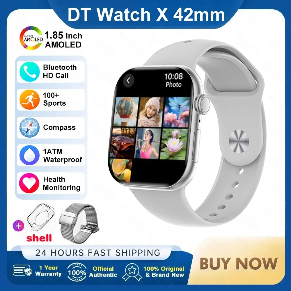 New DT Watch X Mini Smartwatch 3D Menu Video AI Voice NFC 4GB Lang Memory Compass 1.85 Inch AMOLED Super Fast Charge Smartwatch