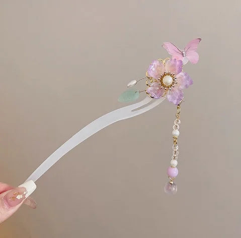 Light Luxury Flower Hairpin For Women Chinese Style Floral Butterfly Tassel Hair Stick Elegant Metal Jewelry Hairpin Hair Clips