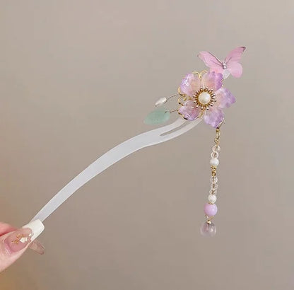 Light Luxury Flower Hairpin For Women Chinese Style Floral Butterfly Tassel Hair Stick Elegant Metal Jewelry Hairpin Hair Clips